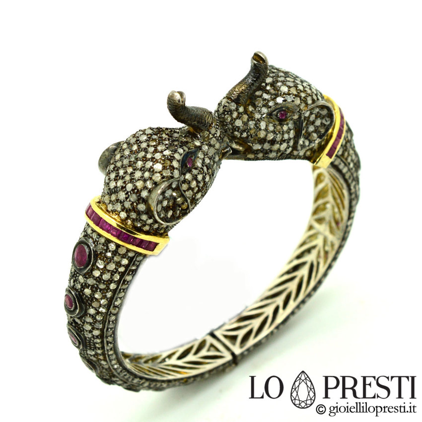 Bracciale con diamanti e rubini-bracciale rigido con diamanti scultura con elefanti- Gioiello artiginale unico  