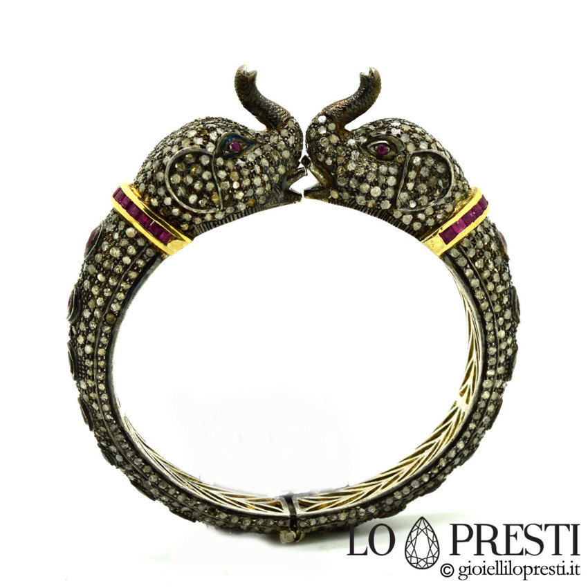 Bracciale con diamanti e rubini-bracciale rigido con diamanti scultura con elefanti- Gioiello artiginale unico  