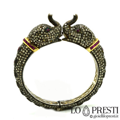 Bracciale con diamanti e rubini-bracciale rigido con diamanti scultura con elefanti- Gioiello artiginale unico 