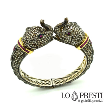 Bracciale con diamanti e rubini-bracciale rigido con diamanti scultura con elefanti- Gioiello artiginale unico 