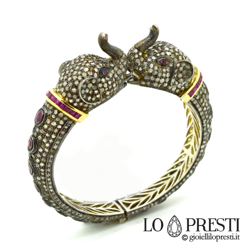 Bracciale con diamanti e rubini-bracciale rigido con diamanti scultura con elefanti- Gioiello artiginale unico  