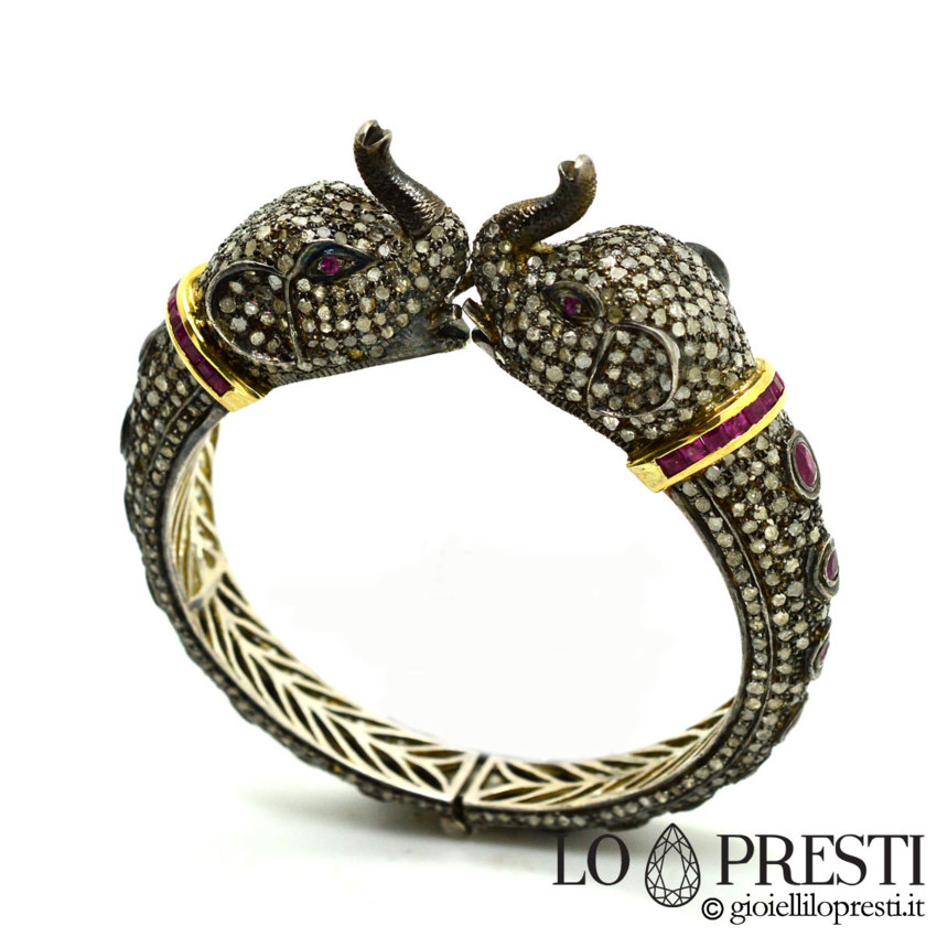 Bracciale con diamanti e rubini-bracciale rigido con diamanti scultura con elefanti- Gioiello artiginale unico  